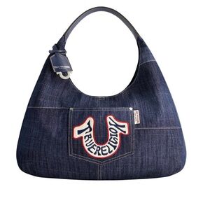 True Religion Hobo Bag, Dark Blue Denim with Retro Logo Horseshoe Patch